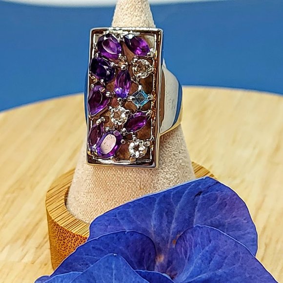 Natural Amethyst,  Aquamarine & Swiss Blue Topaz 925 Sterling Silver Ring 7.5 - Picture 3 of 12